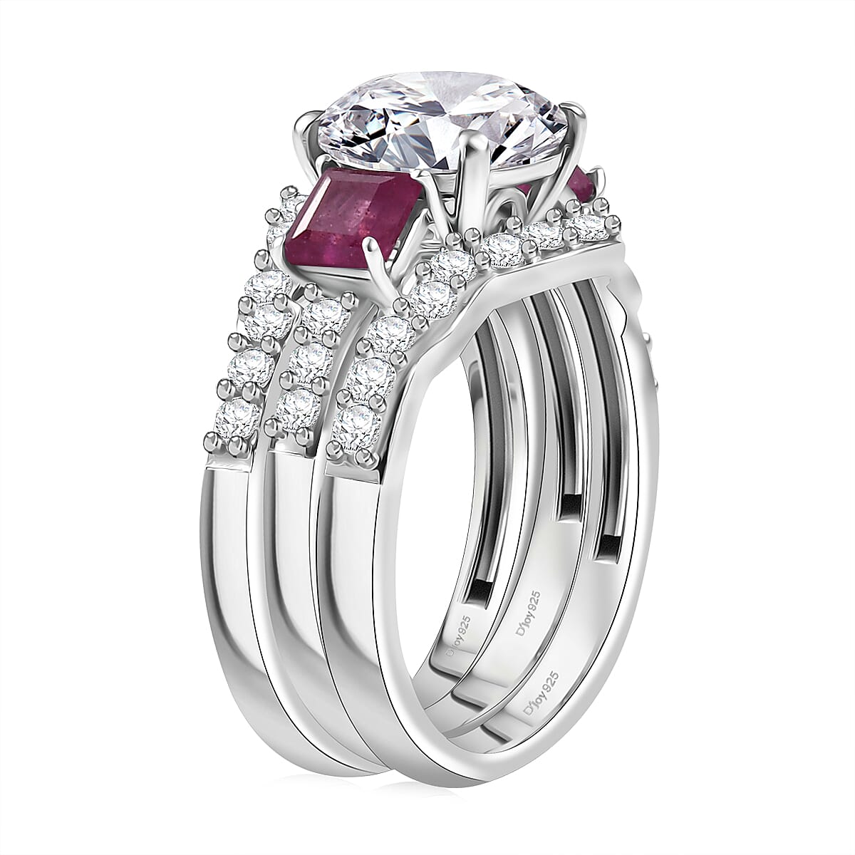 Set of 3 D'Joy 120 Facet Moissanite and Niassa Ruby (FF) 4.40 ctw Stackable Ring in Rhodium Over Sterling Silver (Size 8) 