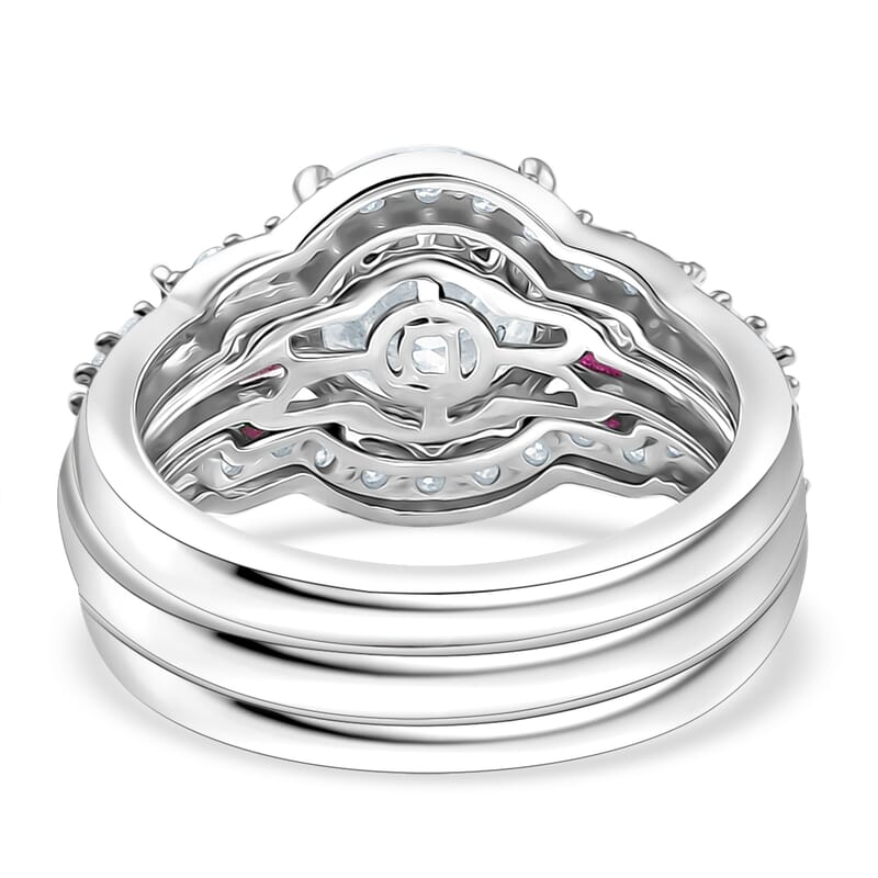 Set of 3 D'Joy 120 Facet Moissanite and Niassa Ruby (FF) 4.40 ctw Stackable Ring in Rhodium Over Sterling Silver (Size 8) 