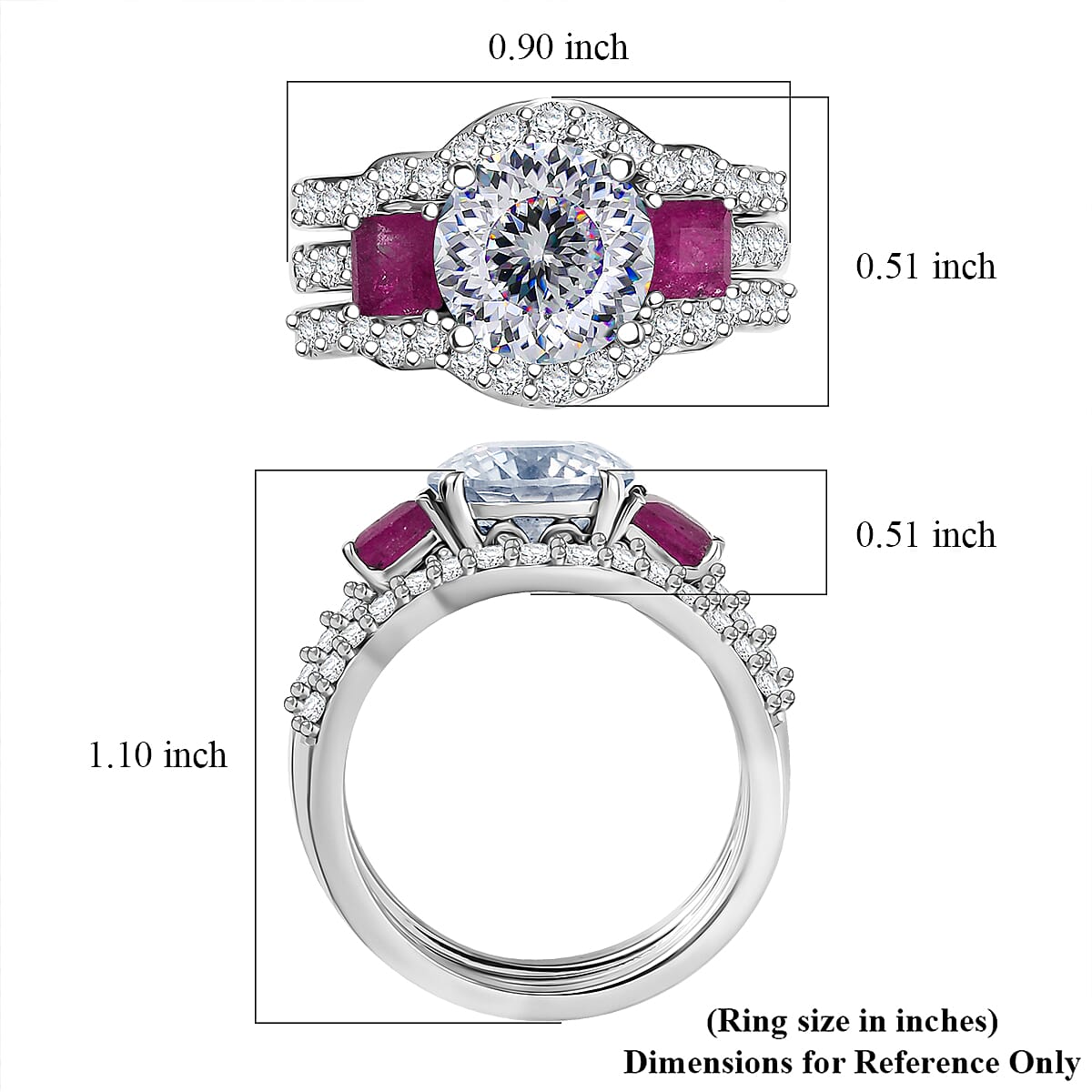 Set of 3 D'Joy 120 Facet Moissanite and Niassa Ruby (FF) 4.40 ctw Stackable Ring in Rhodium Over Sterling Silver (Size 8) 