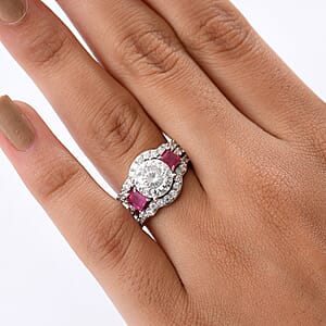 Set of 3 D'Joy 120 Facet Moissanite and Niassa Ruby (FF) 4.40 ctw Stackable Ring in Rhodium Over Sterling Silver (Size 9) 