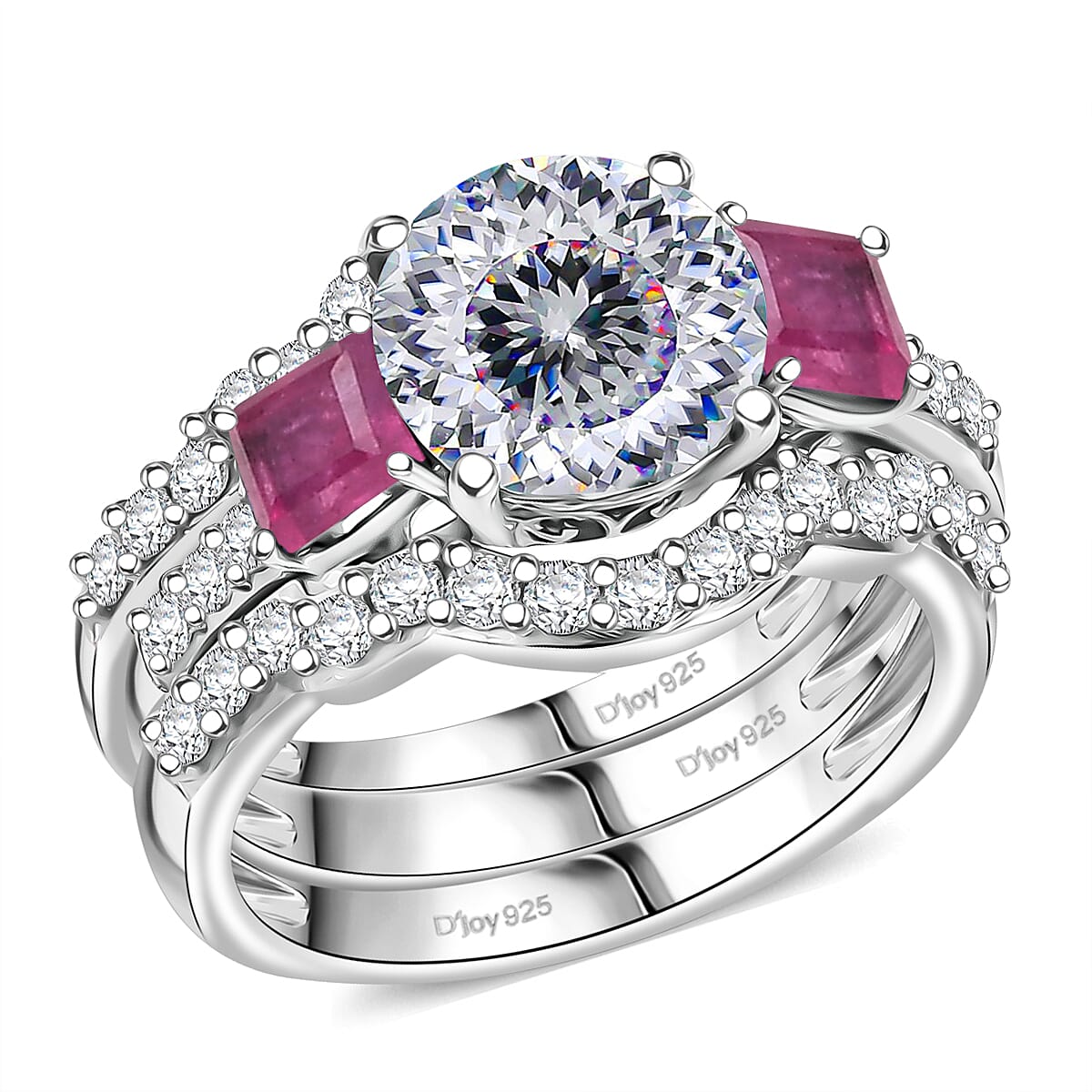 Set of 3 D'Joy 120 Facet Moissanite and Niassa Ruby (FF) 4.40 ctw Stackable Ring in Rhodium Over Sterling Silver (Size 9)  image number 3