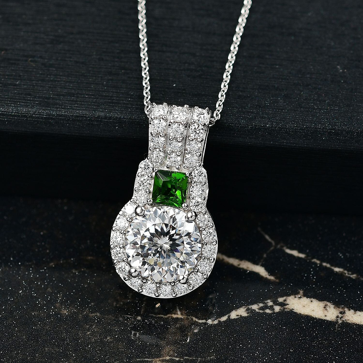 D'Joy 120 Facet Moissanite and Chrome Diopside 3.60 ctw Pendant Necklace in Rhodium Over Sterling Silver 20 Inches