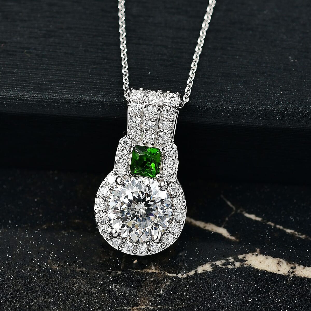 D'Joy 120 Facet Moissanite and Chrome Diopside 3.60 ctw Pendant Necklace in Rhodium Over Sterling Silver 20 Inches image number 1