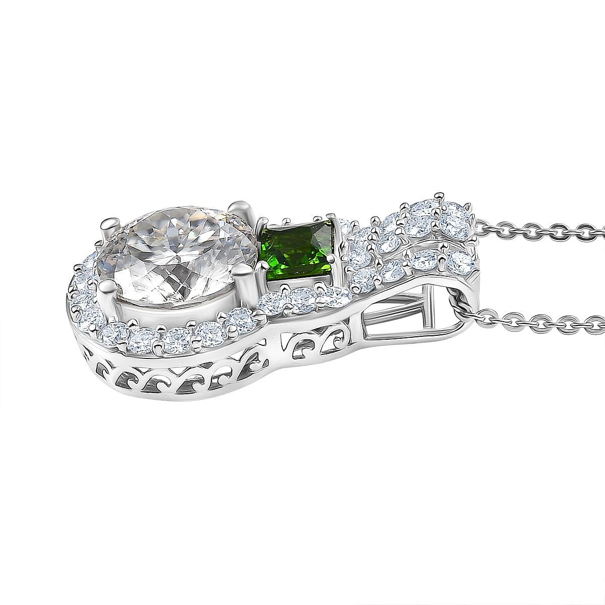 D'Joy 120 Facet Moissanite and Chrome Diopside 3.60 ctw Pendant Necklace in Rhodium Over Sterling Silver 20 Inches
