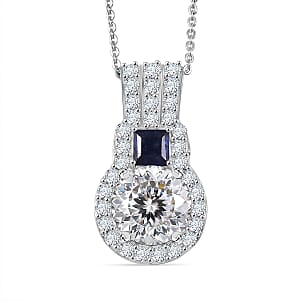 D'Joy 120 Facet Moissanite and Masoala Sapphire (D) 3.80 ctw Pendant Necklace in Rhodium Over Sterling Silver 20 Inches