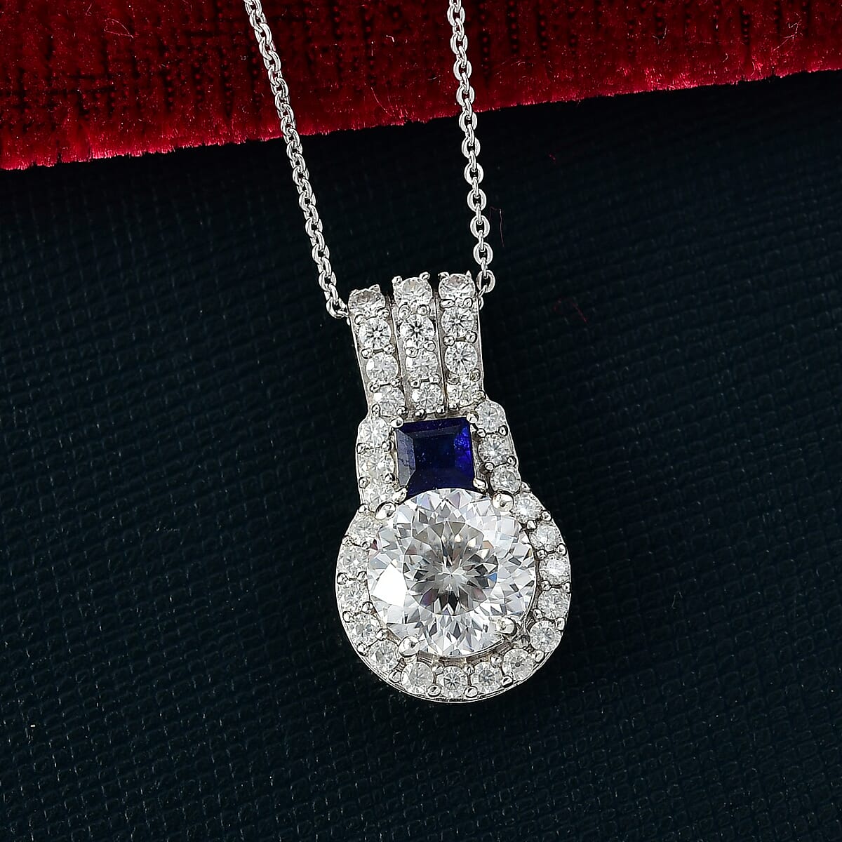 D'Joy 120 Facet Moissanite and Masoala Sapphire (D) 3.80 ctw Pendant Necklace in Rhodium Over Sterling Silver 20 Inches image number 1