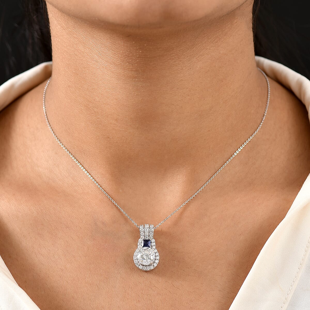 D'Joy 120 Facet Moissanite and Masoala Sapphire (D) 3.80 ctw Pendant Necklace in Rhodium Over Sterling Silver 20 Inches image number 2