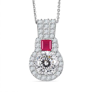 D'Joy 120 Facet Moissanite and Niassa Ruby (FF) 3.80 ctw Pendant Necklace in Rhodium Over Sterling Silver 20 Inches
