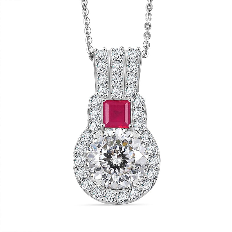 D'Joy 120 Facet Moissanite and Niassa Ruby (FF) 3.80 ctw Pendant Necklace in Rhodium Over Sterling Silver 20 Inches