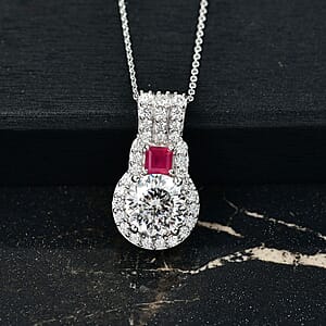 D'Joy 120 Facet Moissanite and Niassa Ruby (FF) 3.80 ctw Pendant Necklace in Rhodium Over Sterling Silver 20 Inches