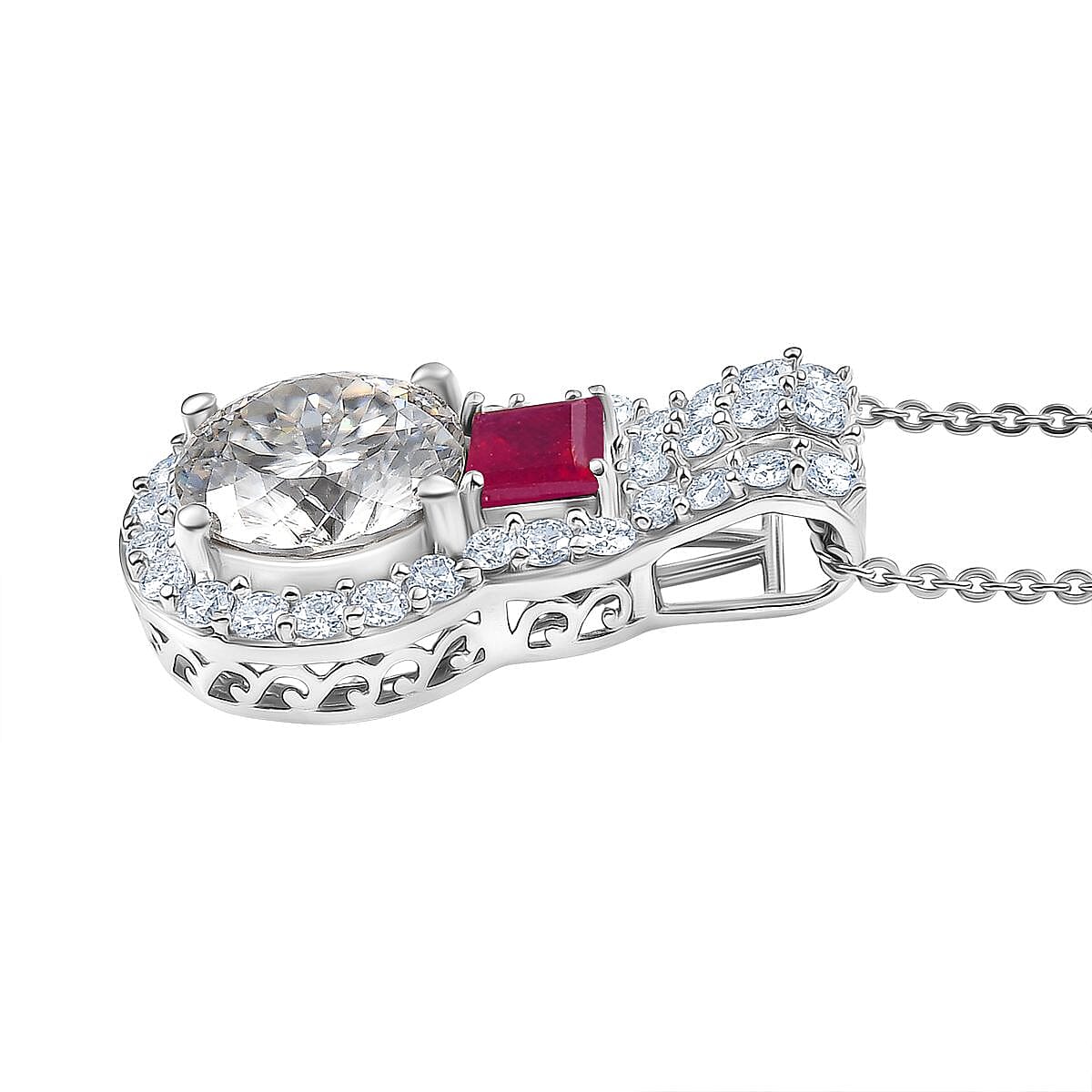 D'Joy 120 Facet Moissanite and Niassa Ruby (FF) 3.80 ctw Pendant Necklace in Rhodium Over Sterling Silver 20 Inches image number 3