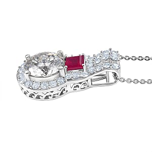 D'Joy 120 Facet Moissanite and Niassa Ruby (FF) 3.80 ctw Pendant Necklace in Rhodium Over Sterling Silver 20 Inches