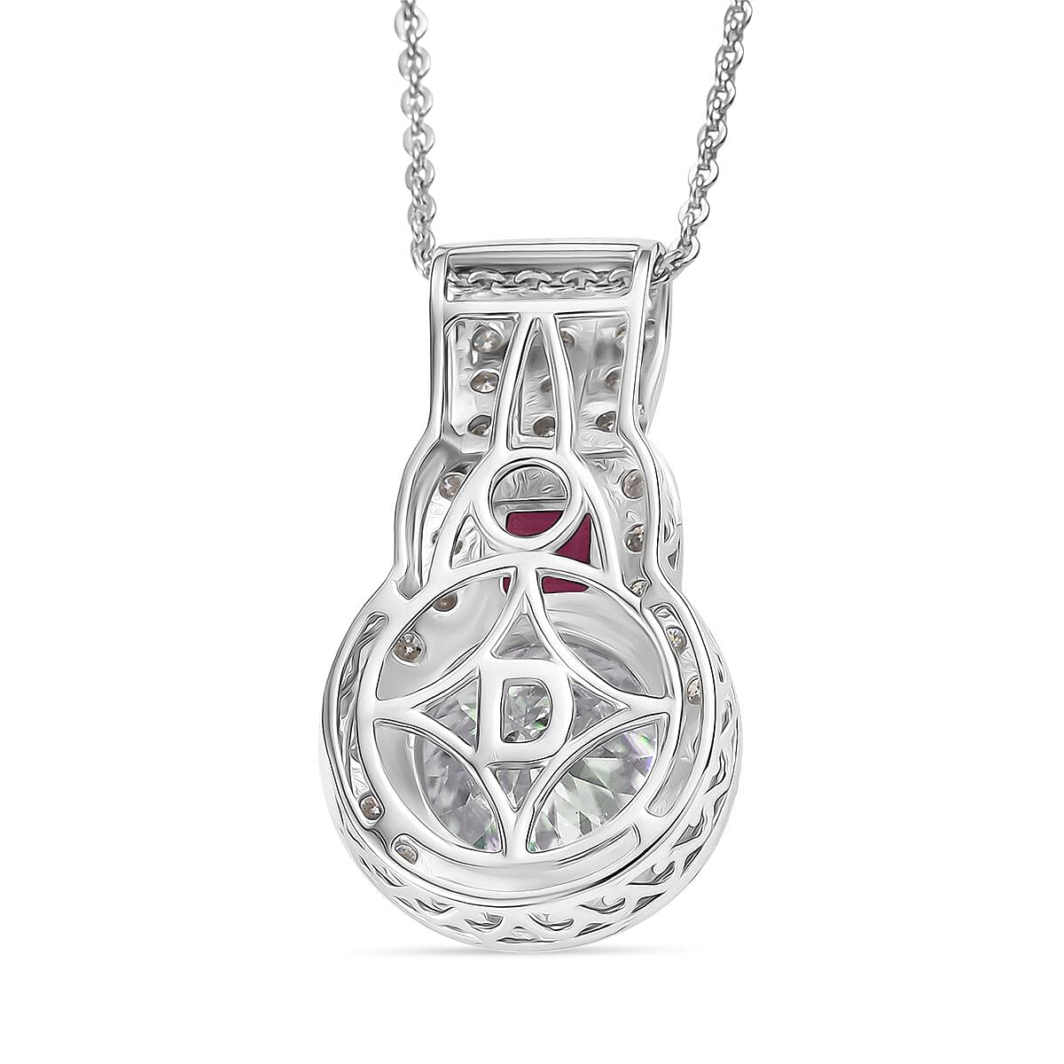 D'Joy 120 Facet Moissanite and Niassa Ruby (FF) 3.80 ctw Pendant Necklace in Rhodium Over Sterling Silver 20 Inches image number 4