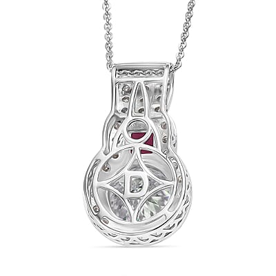 D'Joy 120 Facet Moissanite and Niassa Ruby (FF) 3.80 ctw Pendant Necklace in Rhodium Over Sterling Silver 20 Inches