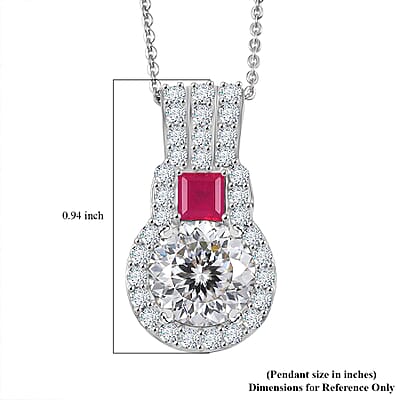 D'Joy 120 Facet Moissanite and Niassa Ruby (FF) 3.80 ctw Pendant Necklace in Rhodium Over Sterling Silver 20 Inches