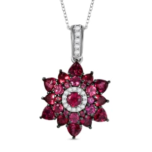 D'Joy Premium Tanzanian Wine Garnet and White Zircon 4.85 ctw Blazing Bloom Pendant Necklace in Rhodium Over Sterling Silver 20 Inches