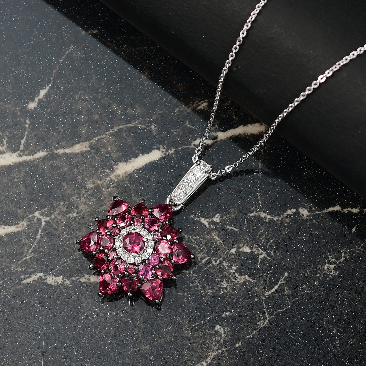 D'Joy Premium Tanzanian Wine Garnet and White Zircon 4.85 ctw Blazing Bloom Pendant Necklace in Rhodium Over Sterling Silver 20 Inches image number 1