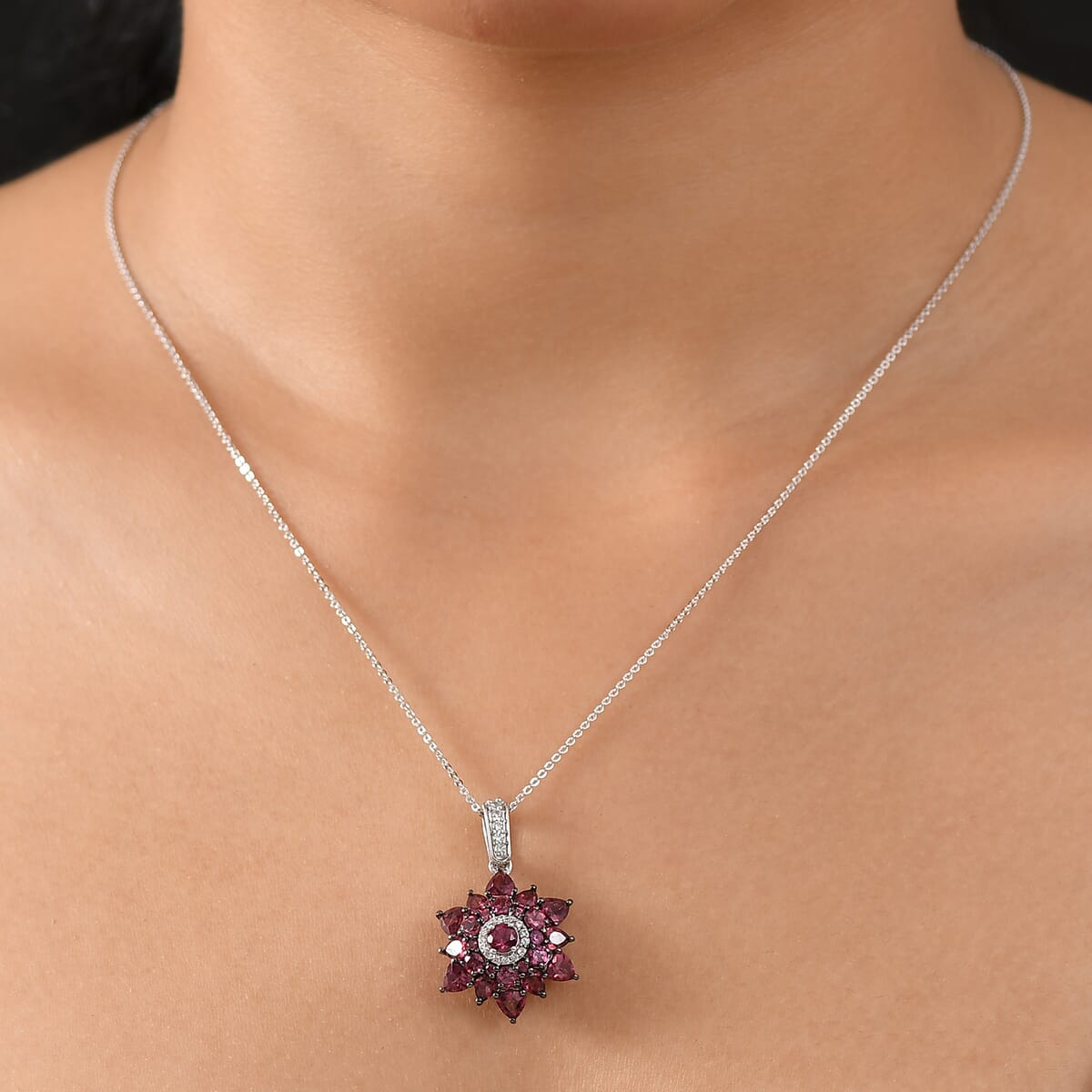 D'Joy Premium Tanzanian Wine Garnet and White Zircon 4.85 ctw Blazing Bloom Pendant Necklace in Rhodium Over Sterling Silver 20 Inches image number 2