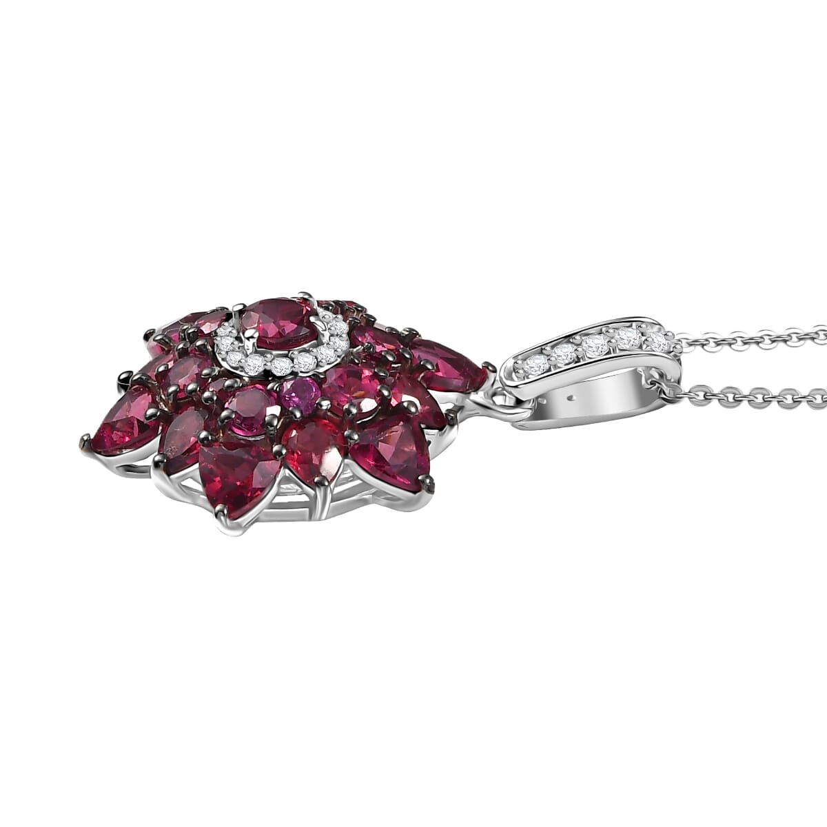 D'Joy Premium Tanzanian Wine Garnet and White Zircon 4.85 ctw Blazing Bloom Pendant Necklace in Rhodium Over Sterling Silver 20 Inches image number 3