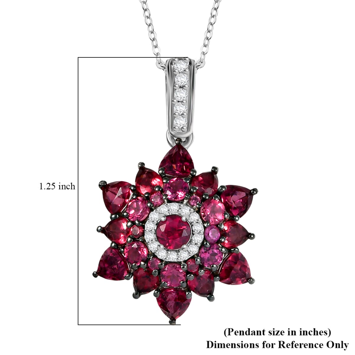 D'Joy Premium Tanzanian Wine Garnet and White Zircon 4.85 ctw Blazing Bloom Pendant Necklace in Rhodium Over Sterling Silver 20 Inches image number 5