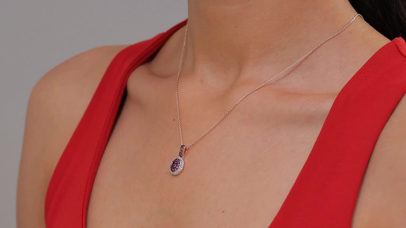 D'Joy Premium Tanzanian Wine Garnet and White Zircon 0.90 ctw Circle of Flame Pendant Necklace in 18K Vermeil Rose Gold Over Sterling Silver 20 Inches