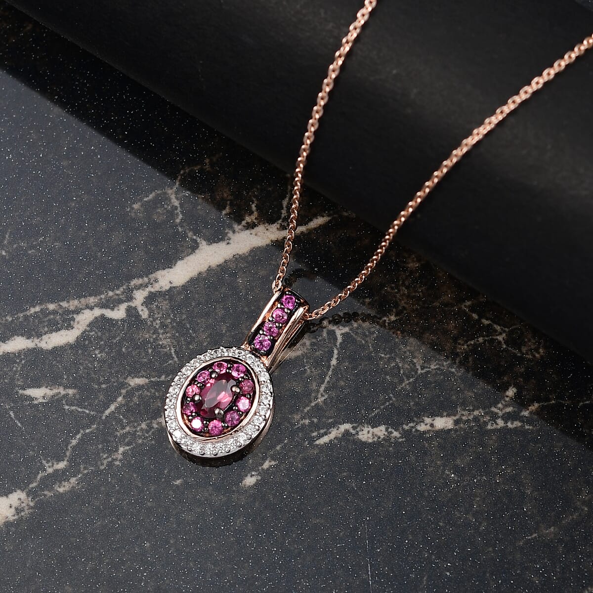 D'Joy Premium Tanzanian Wine Garnet and White Zircon 0.90 ctw Circle of Flame Pendant Necklace in 18K Vermeil Rose Gold Over Sterling Silver 20 Inches image number 1