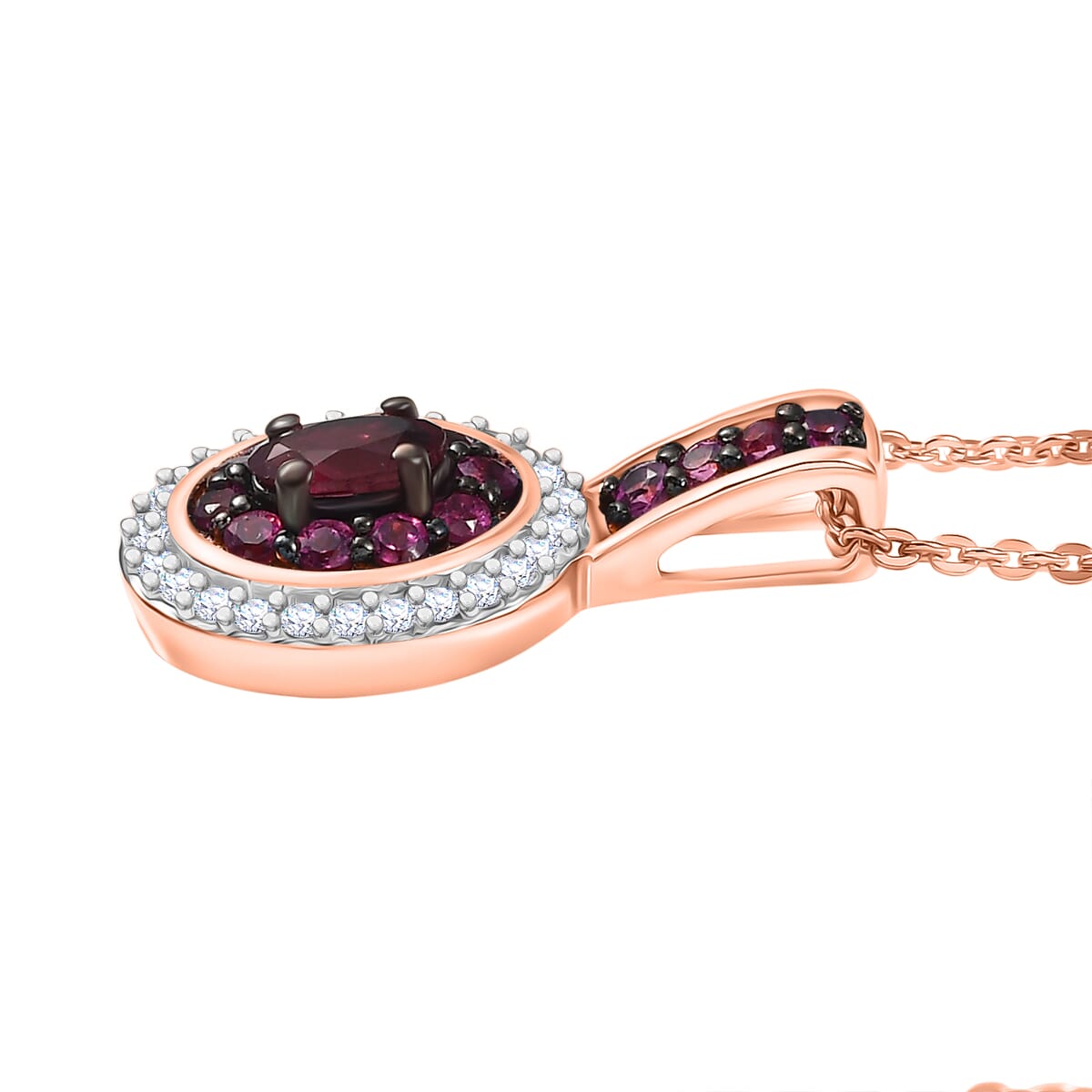 D'Joy Premium Tanzanian Wine Garnet and White Zircon 0.90 ctw Circle of Flame Pendant Necklace in 18K Vermeil Rose Gold Over Sterling Silver 20 Inches image number 3