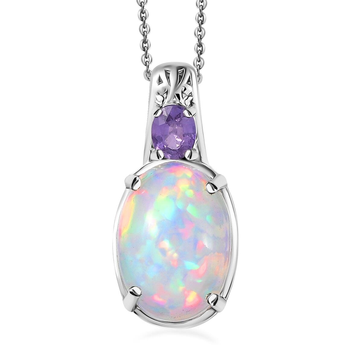 D'Joy AAA Ethiopian Welo Opal and Purple Sapphire 4.20 ctw Pendant Necklace in Rhodium Over Sterling Silver 20 Inches image number 0