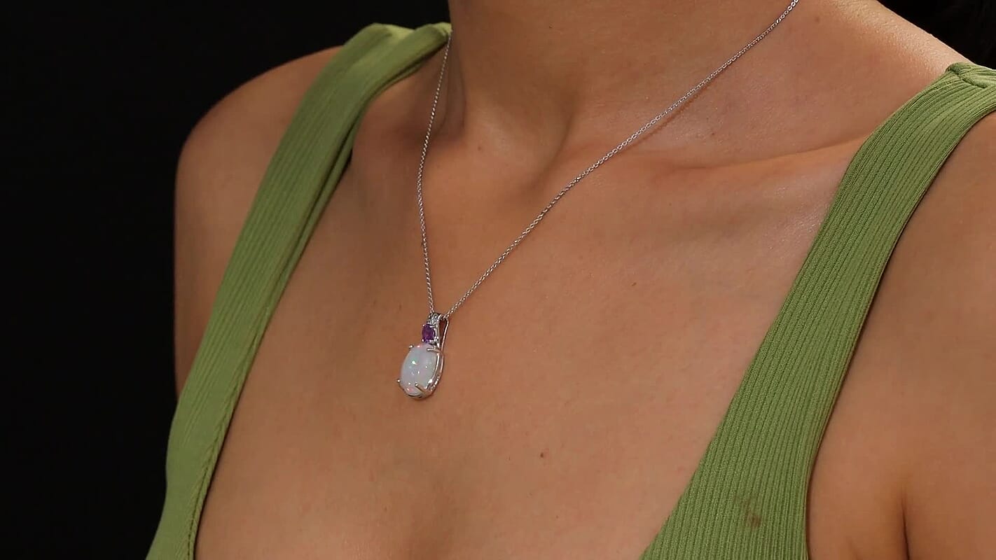 D'Joy AAA Ethiopian Welo Opal, Purple Sapphire Pendant Necklace (20 Inches) in Rhodium Over Sterling Silver 4.20 ctw