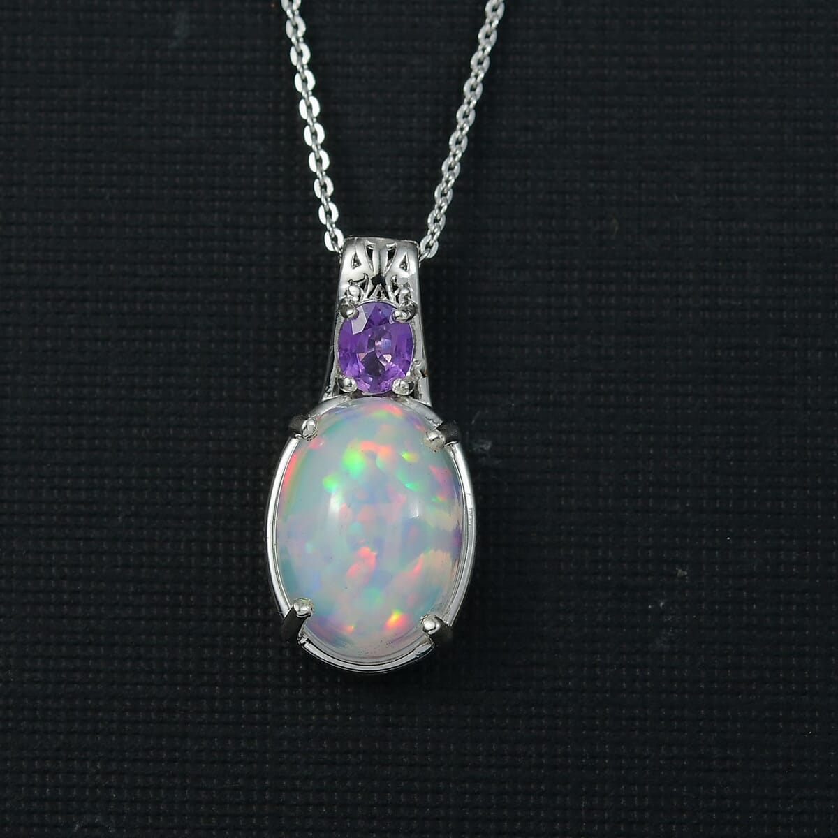 D'Joy AAA Ethiopian Welo Opal and Purple Sapphire 4.20 ctw Pendant Necklace in Rhodium Over Sterling Silver 20 Inches image number 1