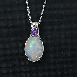 D'Joy AAA Ethiopian Welo Opal and Madagascar Purple Sapphire 4.20 ctw Aurora Blossom Pendant Necklace in Rhodium Over Sterling Silver 20 Inches