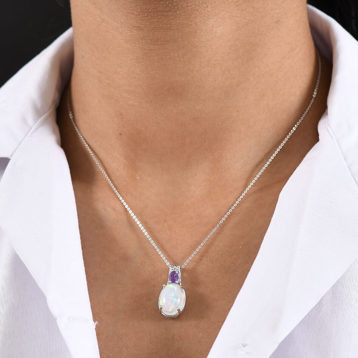 D'Joy AAA Ethiopian Welo Opal and Purple Sapphire 4.20 ctw Pendant Necklace in Rhodium Over Sterling Silver 20 Inches image number 2