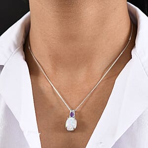 D'Joy AAA Ethiopian Welo Opal and Madagascar Purple Sapphire 4.20 ctw Aurora Blossom Pendant Necklace in Rhodium Over Sterling Silver 20 Inches