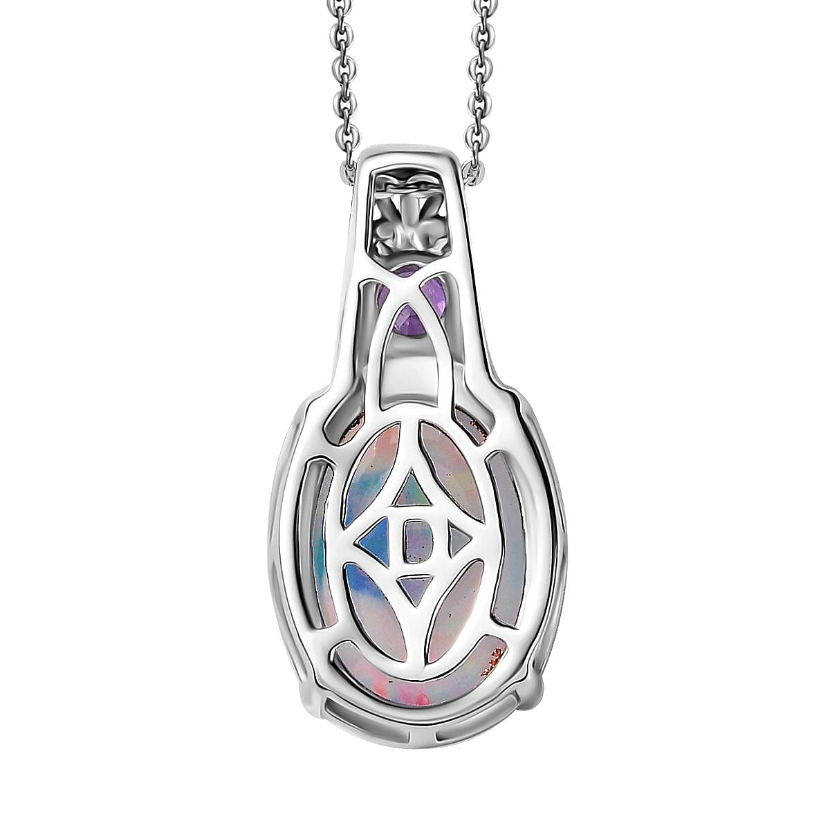 D'Joy AAA Ethiopian Welo Opal and Madagascar Purple Sapphire 4.20 ctw Aurora Blossom Pendant Necklace in Rhodium Over Sterling Silver 20 Inches