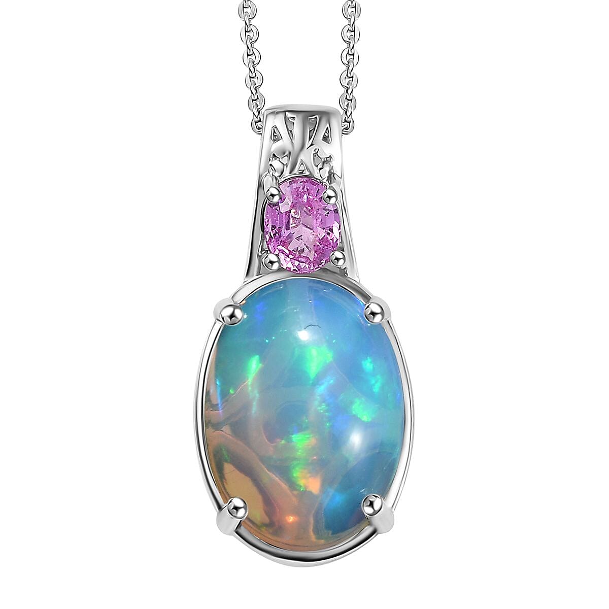D'Joy AAA Ethiopian Welo Opal and Madagascar Pink Sapphire 4.20 ctw Aurora Blossom Pendant Necklace in Rhodium Over Sterling Silver 20 Inches image number 0