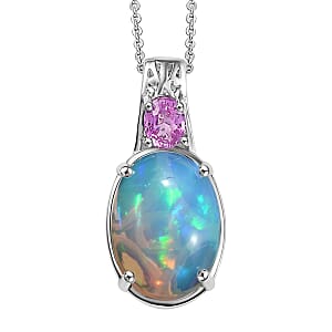 D'Joy AAA Ethiopian Welo Opal and Madagascar Pink Sapphire 4.20 ctw Aurora Blossom Pendant Necklace in Rhodium Over Sterling Silver 20 Inches