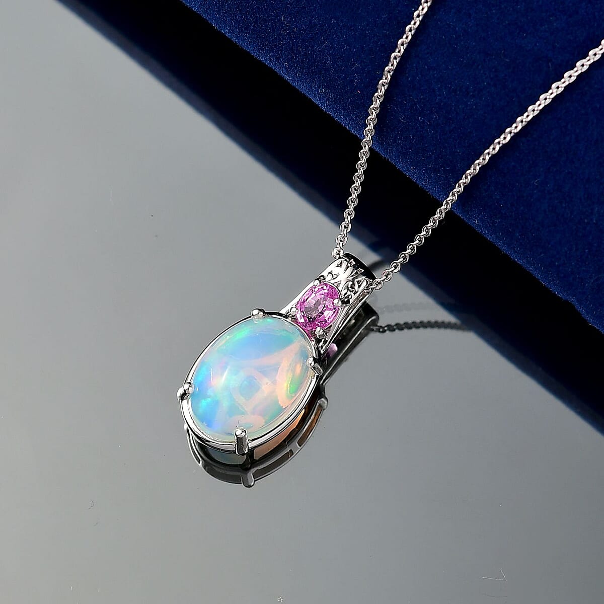 D'Joy AAA Ethiopian Welo Opal and Madagascar Pink Sapphire 4.20 ctw Aurora Blossom Pendant Necklace in Rhodium Over Sterling Silver 20 Inches image number 1