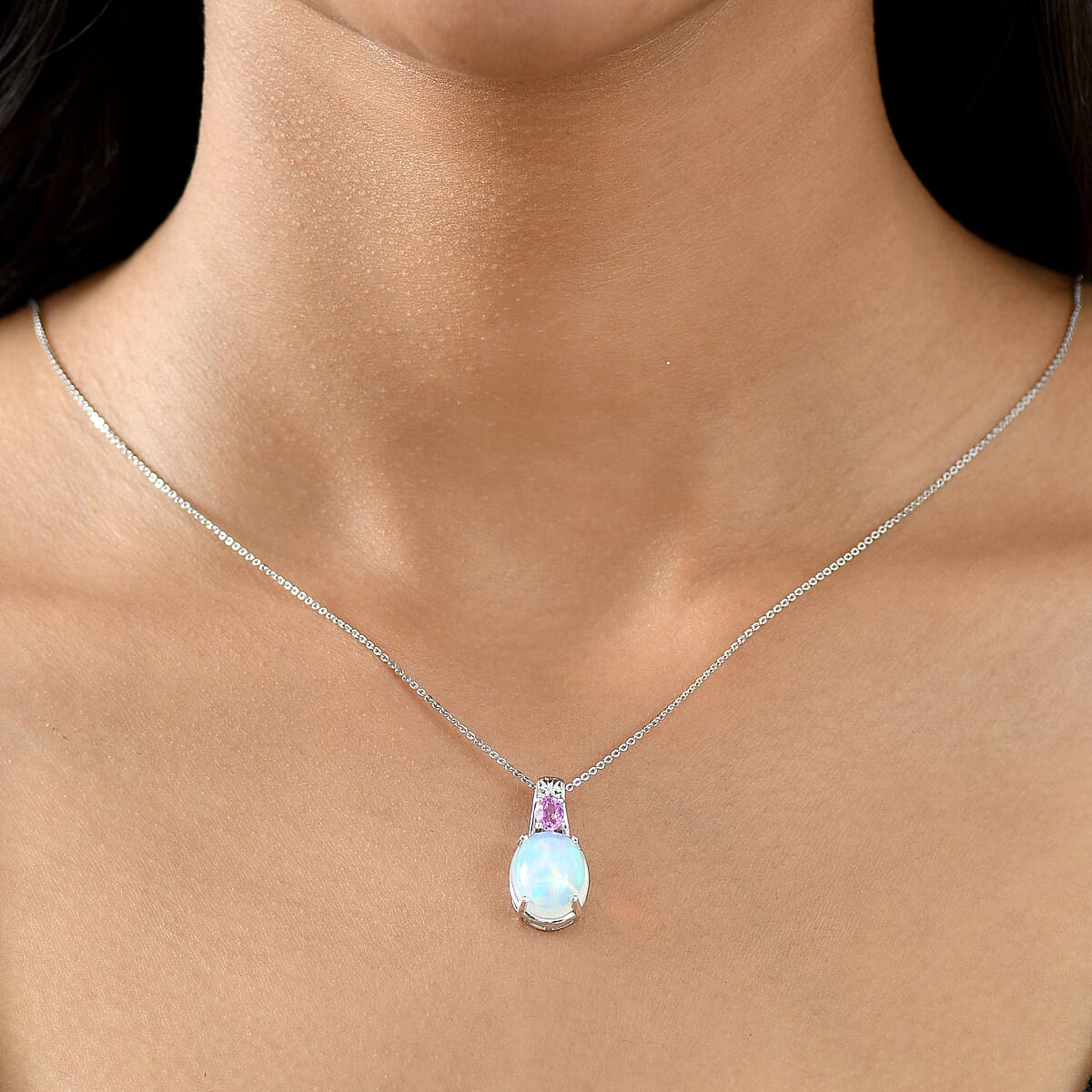 D'Joy AAA Ethiopian Welo Opal and Madagascar Pink Sapphire 4.20 ctw Aurora Blossom Pendant Necklace in Rhodium Over Sterling Silver 20 Inches image number 2