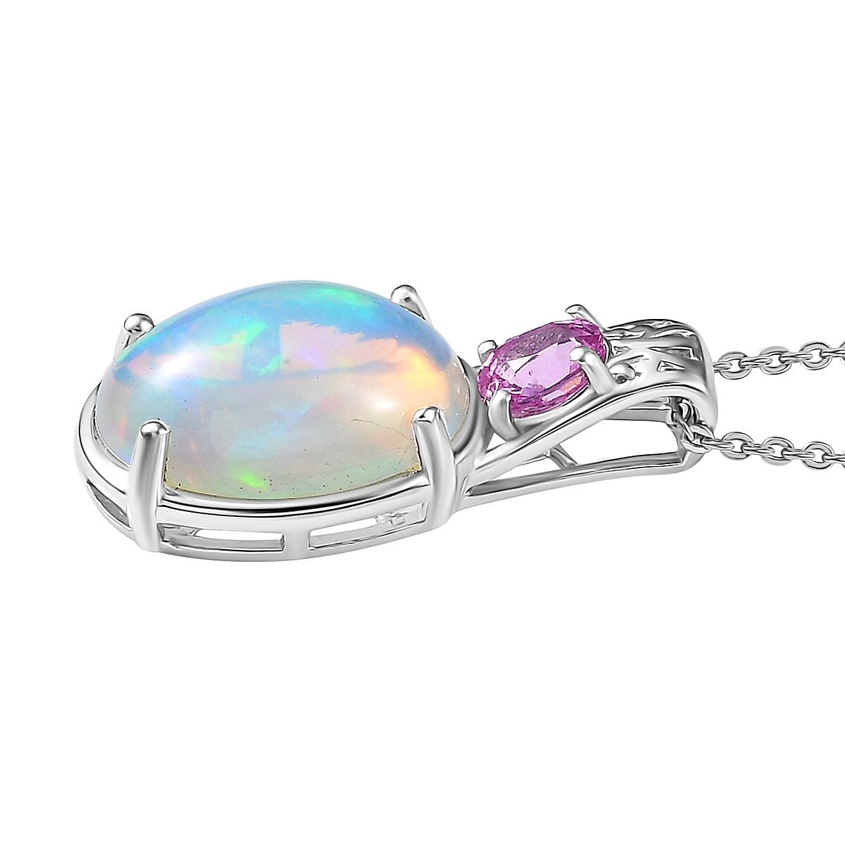 D'Joy AAA Ethiopian Welo Opal and Madagascar Pink Sapphire 4.20 ctw Aurora Blossom Pendant Necklace in Rhodium Over Sterling Silver 20 Inches image number 3