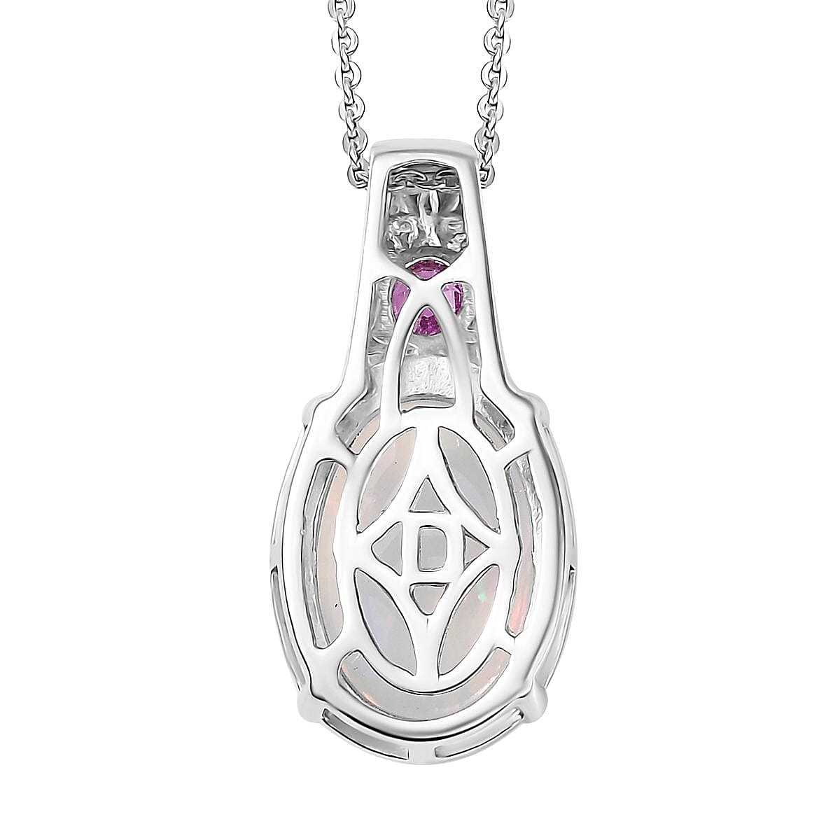 D'Joy AAA Ethiopian Welo Opal and Madagascar Pink Sapphire 4.20 ctw Aurora Blossom Pendant Necklace in Rhodium Over Sterling Silver 20 Inches image number 4
