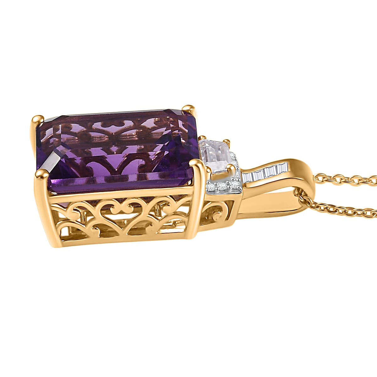 D'Joy Lusaka Amethyst and Moissanite 8.20 ctw Pendant Necklace 20 Inches in 18K Vermeil Yellow Gold Over Sterling Silver image number 3