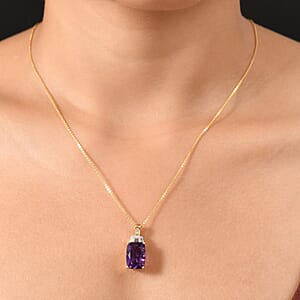 D'Joy AAA Lusaka Amethyst and Moissanite 7.15 ctw Art Deco Pendant Necklace in 18K Vermeil Yellow Gold Over Sterling Silver 20 Inches