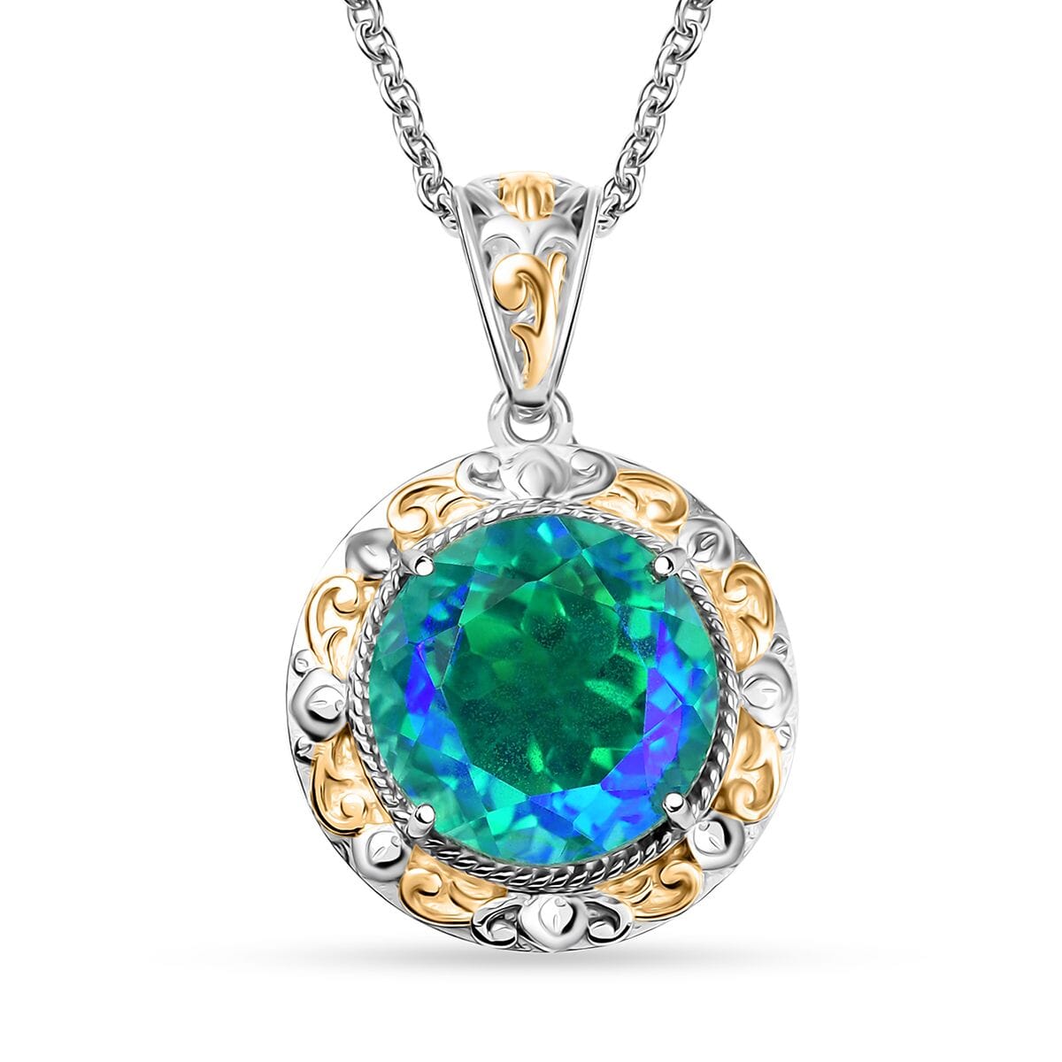 Ever True Peacock Quartz (Triplet) 11.65 ctw Royal Peacock Crest Two-Tone Pendant in 18K YG Plated and Platinum Bond with Stainless Steel Necklace 20 Inches image number 0
