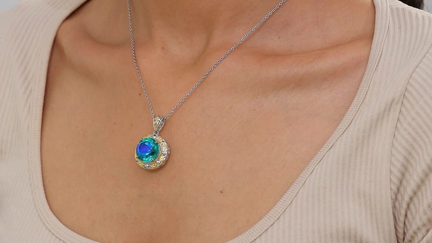 EverTrue Peacock Quartz (Triplet) 11.65 ctw Royal Peacock Crest Two-Tone Pendant in 18K YG Plated and Platinum Bond with Stainless Steel Necklace 20 Inches