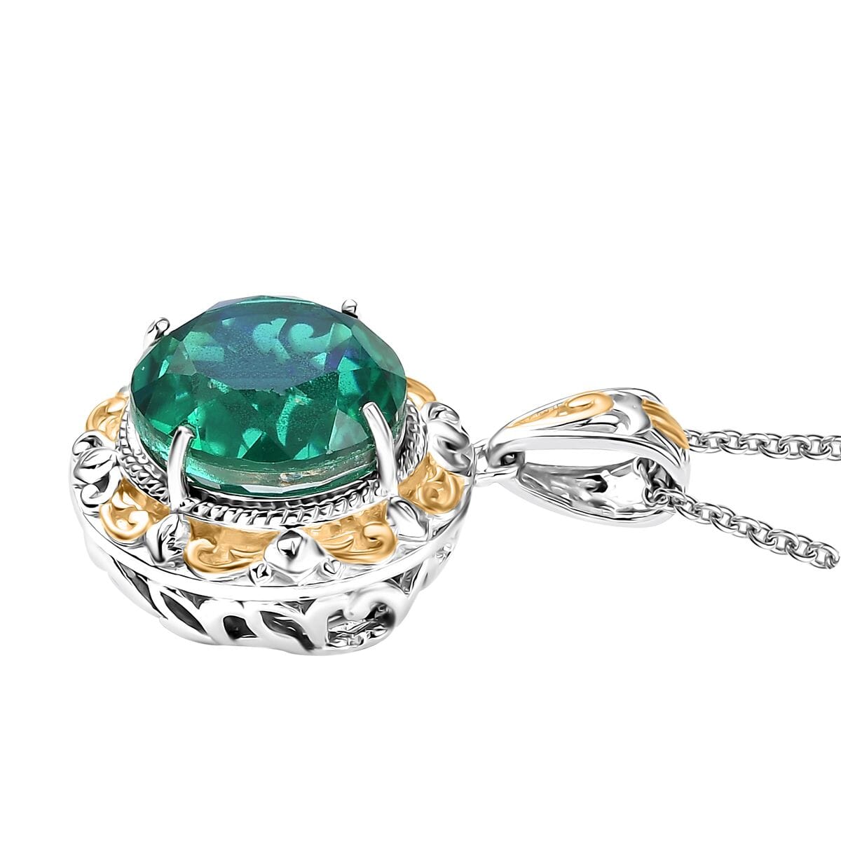 Ever True Peacock Quartz (Triplet) 11.65 ctw Royal Peacock Crest Two-Tone Pendant in 18K YG Plated and Platinum Bond with Stainless Steel Necklace 20 Inches image number 3