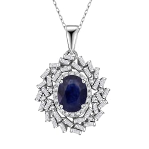 D'Joy Masoala Sapphire (D) and Moissanite 3.15 ctw Royal Radiance Pendant Necklace in Rhodium Over Sterling Silver 20 Inches