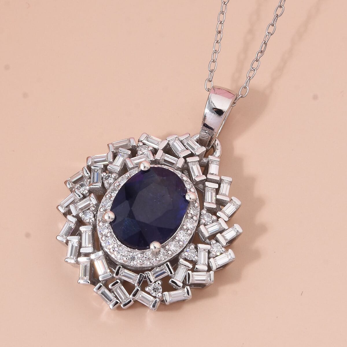 D'Joy Masoala Sapphire (D) and Moissanite 3.15 ctw Royal Radiance Pendant Necklace in Rhodium Over Sterling Silver 20 Inches image number 1