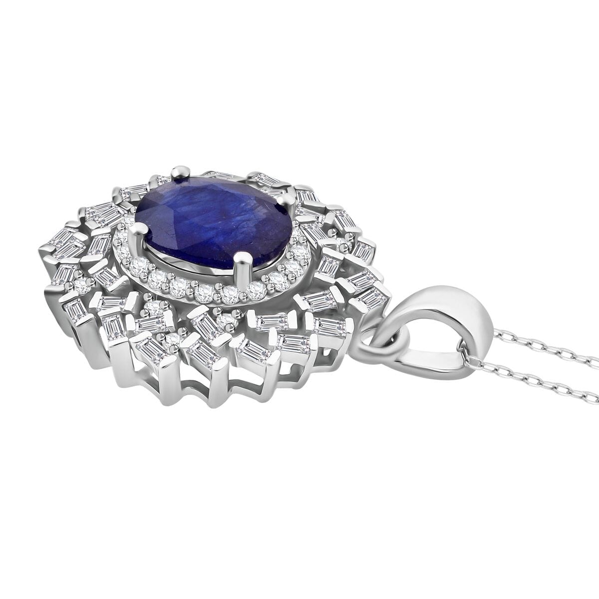 D'Joy Masoala Sapphire (D) and Moissanite 3.15 ctw Royal Radiance Pendant Necklace in Rhodium Over Sterling Silver 20 Inches image number 2