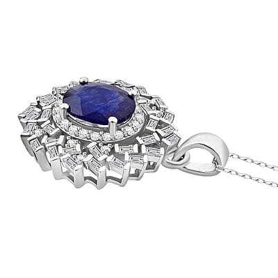 D'Joy Masoala Sapphire (D) and Moissanite 3.15 ctw Royal Radiance Pendant Necklace in Rhodium Over Sterling Silver 20 Inches
