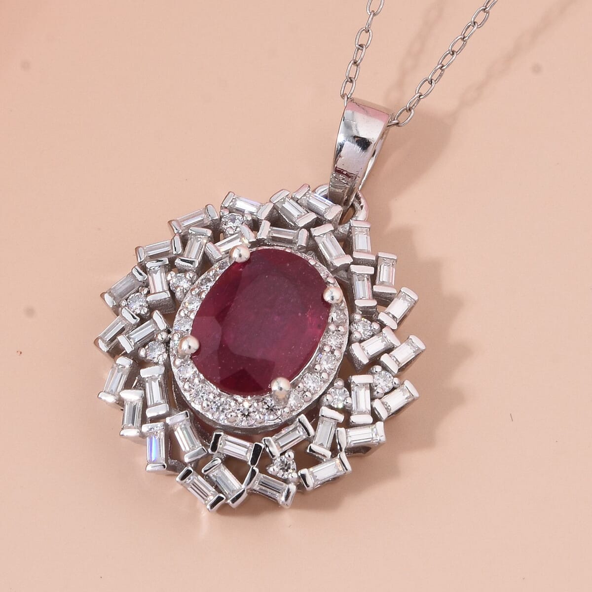 D'Joy Niassa Ruby (FF) and Moissanite 3.15 ctw Royal Radiance Pendant Necklace in Rhodium Over Sterling Silver 20 Inches image number 1